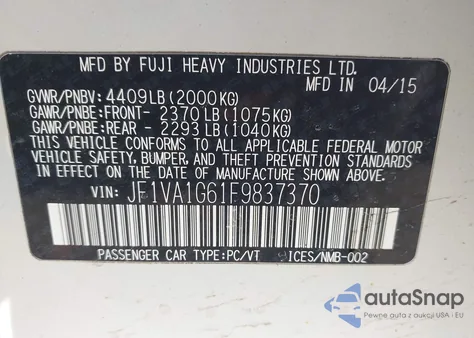 2015 Subaru Wrx Limited из США, поврежденный, VIN JF1VA1G61F9837370